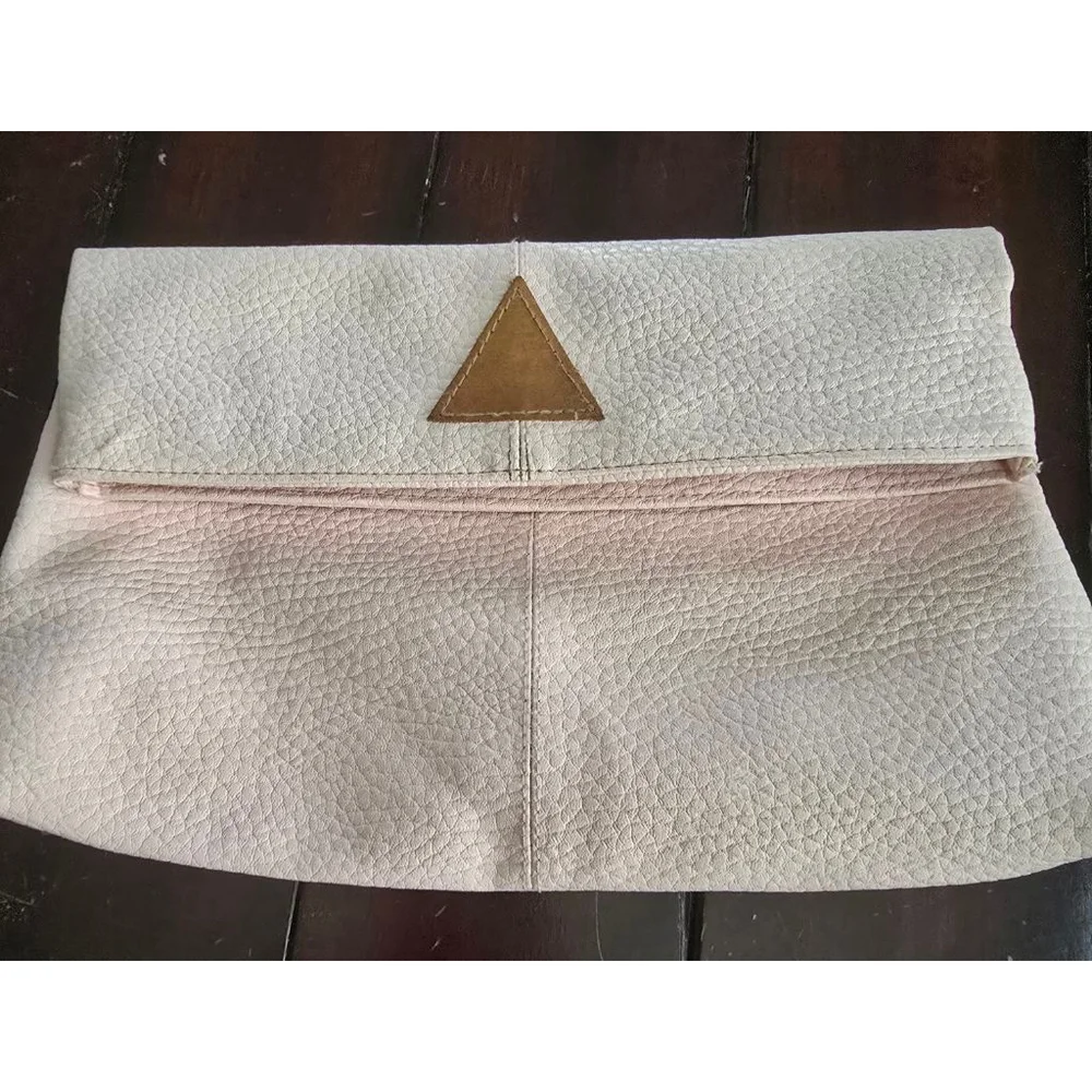 Women's Pastel Pink Pebble Faux Leather Foldover Clutch Brown Geo Accent Summer